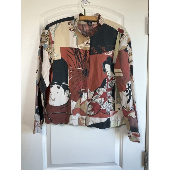 CITRON SANTA MONICA Asian Print Women's Top Snap Shirt Large Silk Linen 90’s Art - Picture 3 of 9